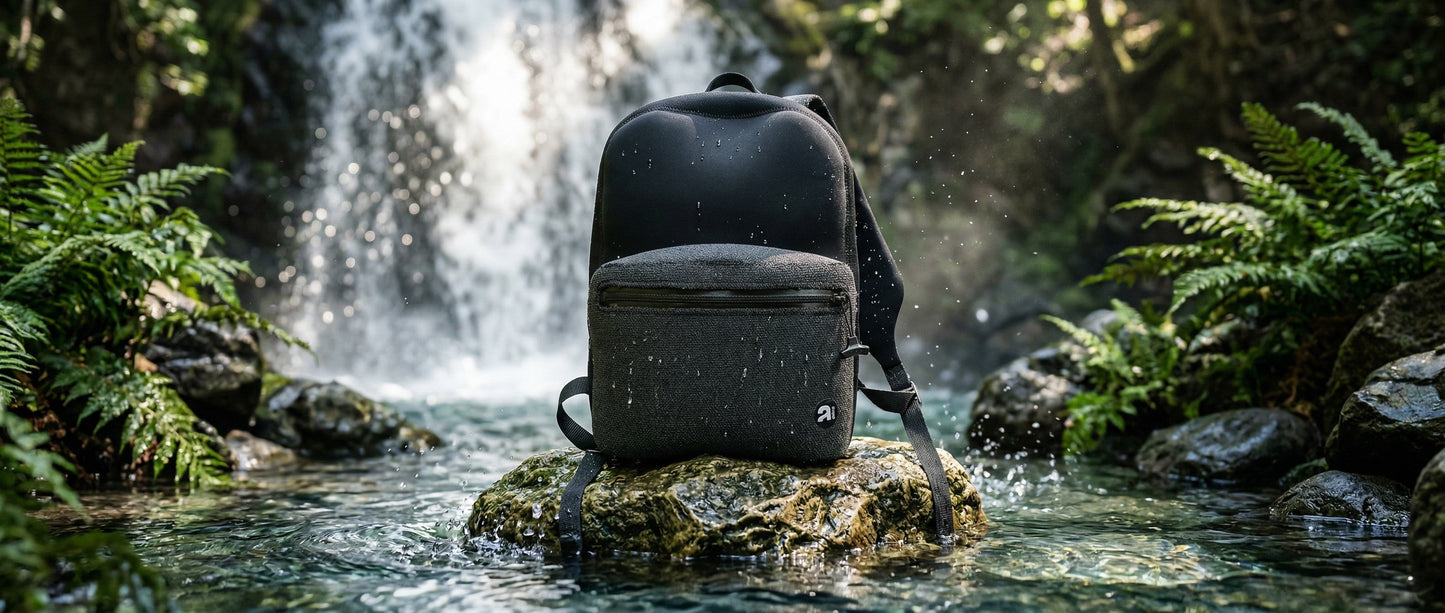 Eos zaino immergibile di Atelis ai piedi di una cascata